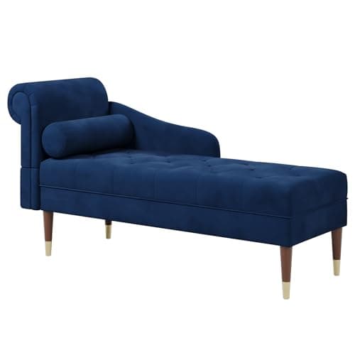 Image of Vesgantti Velvet Chaise Longue, Indoor Lounge Sofa with Left Armrest and Lumbar Pillow, Upholstered Chaise Lounge for Living Room Bedroom and Office, Tool-free Assembly(Blue)