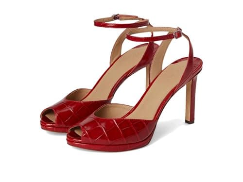 Image of Lauren Ralph Lauren Women's Kyla Crocodile-Embossed Leather Sandal, Festive Red, 4.5 UK