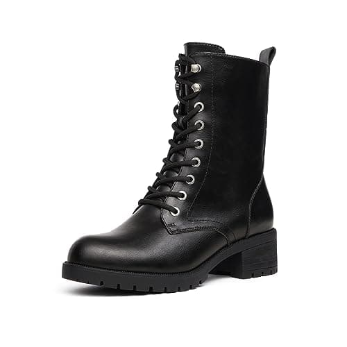 Image of DREAM PAIRS Women's Stylish and Cool Combat Boots Lace-up Fashion Biker Boots Waterproof Mid Calf Military Boots Comfortable Winter Ankle Booties with Zipper,Size 6,Black Pu,DMB214