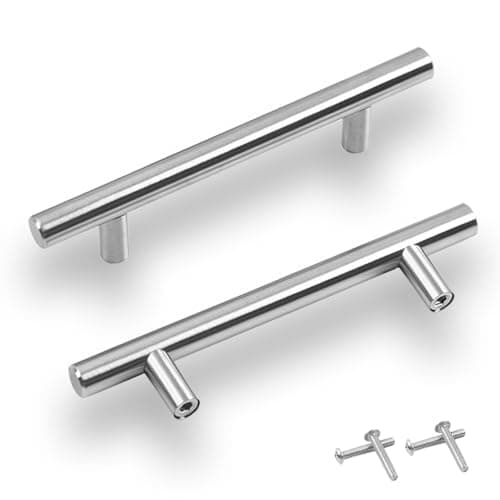 Image of YFTRFR 2 Pcs Kitchen Door Handles Silver Stainless Steel Brushed Handles T Bar Suitable for Kitchen Cabinets Wardrobes Bathroom Units and Bedroom Drawers Installation of Holes Hardware Fittings