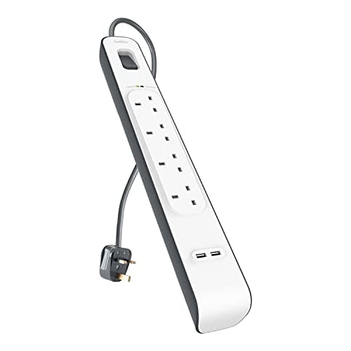 Image of Belkin Extension Lead with USB Slots x 2 (2.4 A Shared), 4 Way/4 Plug Extension, 2m Surge Protected Power Strip - White
