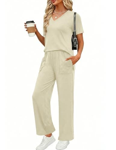 Image of Rapbin Women's Pyjama Set Two Piece Short-Sleeved Shirt and Long Pants Nightwear V-Neck Pajama Set for UK (12-14,Apricot)