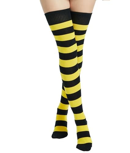 Image of BABAHU Womens Extra Long Cotton Stripe Thigh High Socks Over the Knee High Socks (ZZZ-Black/Yellow)
