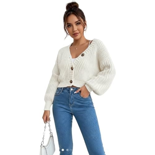 Image of LUXFAB Womens Balloon Sleeve Chunky Knitted 3 Button Crop Cardigan V Neck Stretchy Fisher Knit Sweater Winter Warm Fancy Party Wear Top UK 8-14 Size (UK, Alpha, One Size, Regular, Regular, Cream)