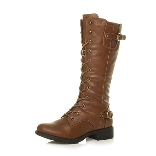 Image of Ajvani Womens Ladies Low Heel lace up Zip Biker Military Calf Boots, Brown Tan Matte, 5 UK