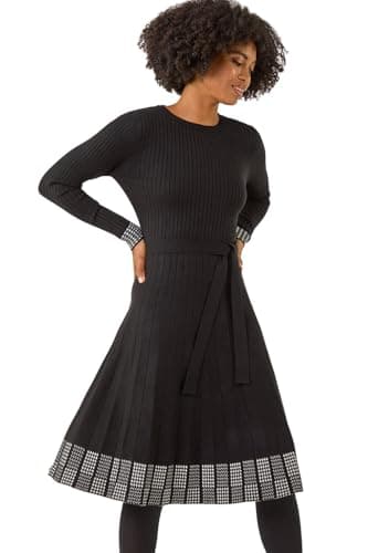 Image of Roman Originals Ribbed Stretch Knit Border Print Dress for Women UK - Ladies Everyday Autumn Winter Round Neckline Comfy Soft Evening Vacation Work Party Night Out - Black - Size 16