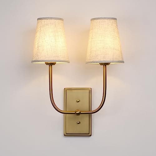 Image of JIMUBEAM Vintage 2-Lights Wall Lights Sconces with Funnel Linen Fabric Shades, Double Head Bathroom Vanity Lights Fixture, Indoor Wall Lamps for Bedroom Living Room Hallway Stairway