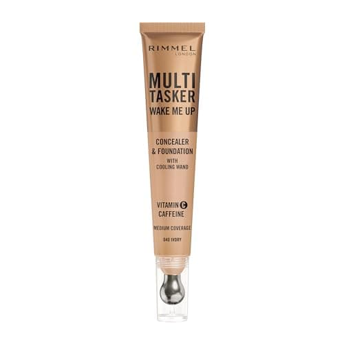 Image of Rimmel Multi-Tasker Wake Me Up Foundation & Concealer 040 Ivory, Depuffs & Brightens Dark Circles, Metallic Cooling Applicator, Caffeine & Victamin C, 2% Niacinamide, Vegan, Cruelty free