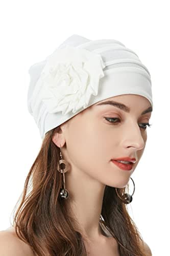 Image of ZLYC Women Turban Beanie Hat with Flower Chemo Headwear Elastic Head Wrap Cap(Floral White),One Size