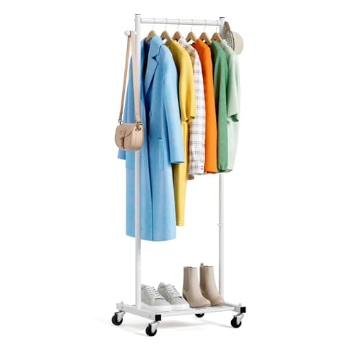 Image of MISSLO Small Clothes Rack Heavy Duty Clothes Rail on Wheels 60" Metal Clothing Rack with Shelves Portable Freestanding Rolling Garment Rack for Small Space, White