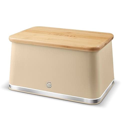 Image of Swan Nordic SWKA18523OAT Bread Bin with Iron Body, Non-Slip Base, Stylish Soft Touch Matt Finish and Acacia Wood Pull Up Lid, 16L, Oatmeal