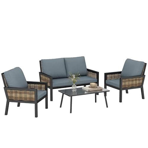 Image of Outsunny 4 Seater Rattan Garden Furniture Set with 2 Armchairs, Loveseat, Coffee Table, Garden Sofa Set with Cushions, Outdoor Furniture Conversation Sets for Patio, Grey