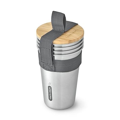 Image of Black+Blum Stainless Steel Cups Set of 4 - Stacking Cups Set with Bamboo Lid Bottle Opener - 500ml Camping Essentials