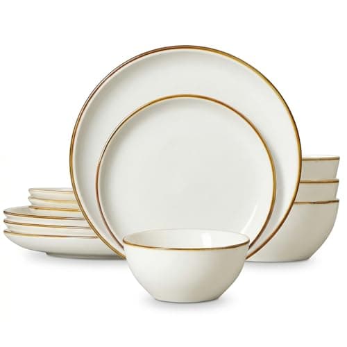 Image of ONEMORE 12-Piece Plates and Bowls Set, Dinner Set for 4, Ceramic Dinner Service, Scratch-Resistant, Microwave & Dishwasher Safe, Cream White