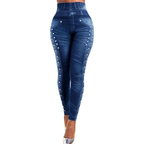 Image of TURWXGSO Denim Look Leggings for Women UK Slim Fit Stretchy Skinny Women's Pearl-Embellished Faux Denim Leggings - High Waist Tummy Control Yoga Pants, Sculpting Office-to-Gym