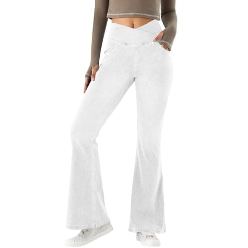 Image of Women V Crossover Bootcut Jeans High Waist Flare Jeans Ladies Pull on Tummy Control Bell Bottom Pants Casual Fitness Skinny Yoga Pants Highly Elasticity Soft Flared Denim Trousers with Pockets White