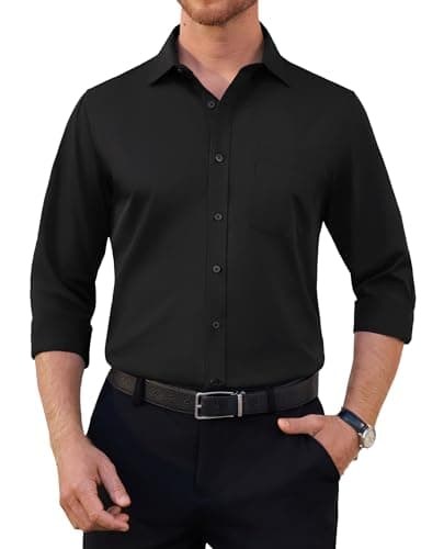 Image of siliteelon Mens Shirts Black Shirt Long Sleeve Work Regular Fit Casual Business Formal Dress with Pocket Funeral Shirt 2XL