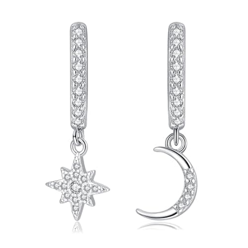 Image of Zolkamery Dangle Hoops Earrings, 925 Sterling Silver Hoop Earrings for Women Girls, Hypoallergenic Huggie Drop Earrings with Moon Star Pendant, Fashion White Gold Plated Zirconia Hanging Earrings