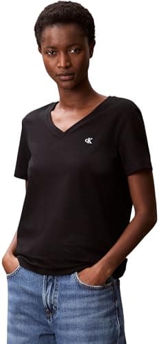 Image of Calvin Klein Women’s Short Sleeve V-Neck Archive Jersey T-Shirt, Black (Black), S