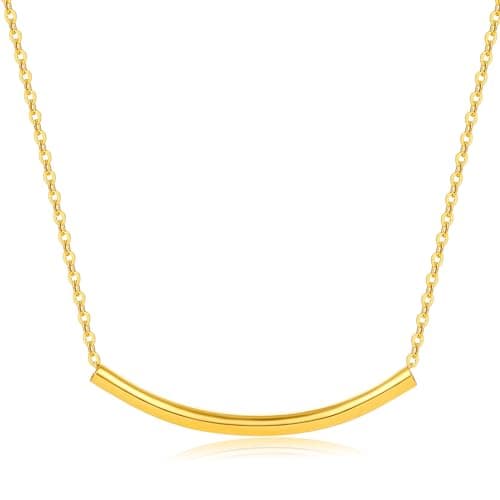 Image of ZHOU LIU FU 24CT Solid Gold Pendant Necklace Linear Curved Tube Line Bar Pendant Necklace Jewelry for Women Men Birthday Anniversary Christmas 17.7"/45cm (Linear Curved Tube Bar)