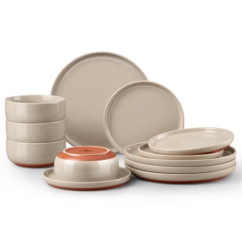 Image of Homikit 12-Piece Dinner Stoneware Set, Speckled Plates and Bowls Dishware with Rustic Terracotta Underside, Reactive Glaze & Scratch Resistant, Microwave and Dishwasher Safe - Cinnamon Brown