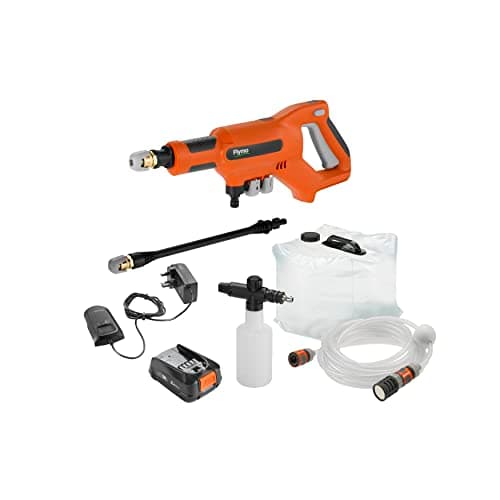 Image of Flymo EasiClean Li Plus Portable Pressure Cleaner - 18V Battery with Charger, 200l/h Flow Rate, 6m Hose Length, 3 Nozzle Attachments, Foam Dispenser, 20L Collapsible Water Tank