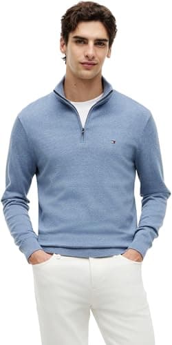 Image of Tommy Hilfiger Men's Essential Cotton Zip Mock Mw0Mw37331 Half Zip Sweater, Blue (Brisk Blue Heather), XL