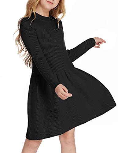 Image of Arshiner Girls Knitted Dress Long Sleeve Childrens Pullover Sweater Dresses Autumn Winter Dress Funeral Dresses Black 140