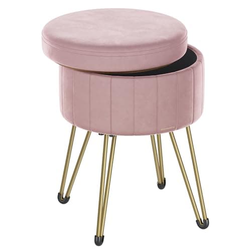 Image of SONGMICS Storage Ottoman, Velvet Dressing Table Stool, 39 x 44.4 cm (Dia. x H), Round Storage Stool Seat, 4 Metal Legs, for Dressing Room, Living Room, Bedroom, Jelly Pink LOM003R51