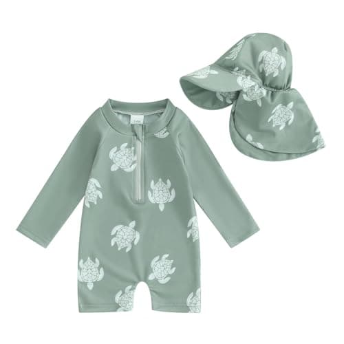 Image of Geagodelia Newborn Baby Boy Swimming Costume with Sun Hat Long Sleeve Zip Up Swimsuit Sun Protection Swim Wetsuit Rash Guard Swimwear One Piece Bathing Suits (Sea Turtle Green, 6-12 Months)