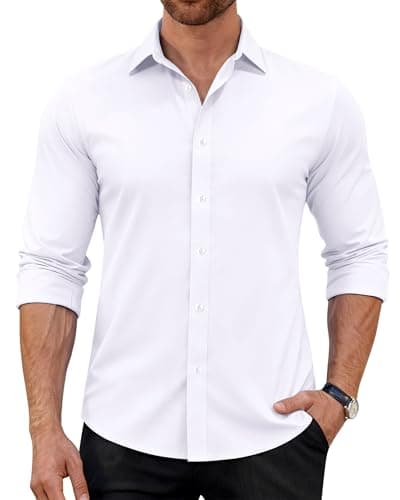 Image of J.VER Mens White Shirt Long Sleeve 4-Way Stretch Dress Formal Regular Fit Smart Business Work Button Down Shirts L