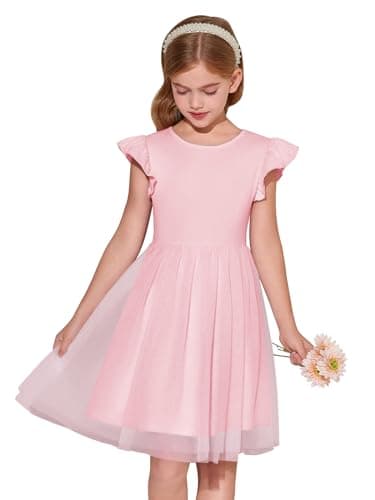 Image of Haloumoning Girls' Dresses Ruffled Sleeves Round Neck Solid Color Summer Dress A-Line Princess Tulle Dress Festive Birthday Wedding Party Casual Dress, Pink, 9-10 Years