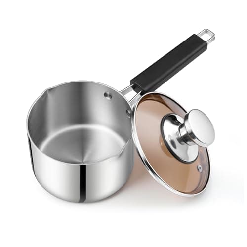 Image of Homikit 14cm Tri-Ply Saucepan, Stainless Steel Milk Cooking Pan with Small Pouring Lips & Glass Lid, Suitable for Induction, Gas & Electric Hobs, Healthy, Mirror Finished & Easy Clean - 1 L