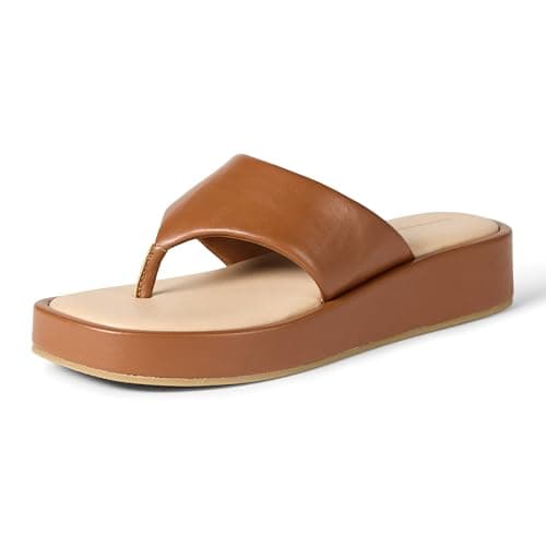 Image of Amazon Essentials Women's Flatform Thong Sandals, Tan Faux Leather, 5 UK