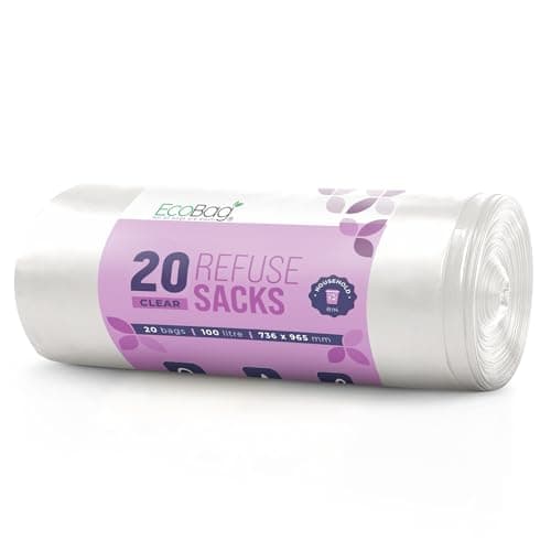 Image of EcoBag - 20 Pack Refuse Sacks - 100L - 22 Microns - Heavy Duty, Leak Resistant Recyclable Bin Bags, Eco-Friendly, Durable Waste Disposal Bags for Household & Commercial Use (736 x 965mm)