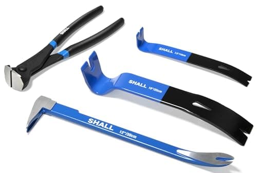 Image of SHALL 4-Piece Pry Bar Set, 12-Inch(30.48cm) Cats Paw Nail Puller, 10-Inch(25.4cm) & 7.5-Inch(19cm) Flat Claw Pry Bars, 8-Inch End Cutting Pliers, Nail Remover Tool for Baseboard, Floor, Nails Removal