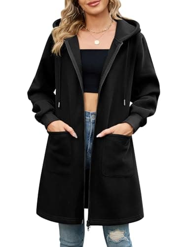 Image of Vancavoo Zip up Hoodie Women Longline Fall Jackets Ladies Fleece Sweatshirts Casual Long Sleeve Jacket Loose Hooded Coat Outwear with Pockets,Black,M