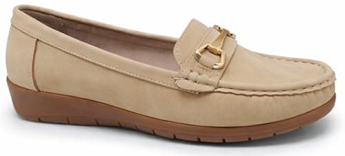 Image of Women's Loafers Faux Leather Slip-On Smart Casual Cushioned Insole Flat Heel Business Office Wear (Khaki, UK Footwear Size System, Adult, Women, Numeric, Medium, 5)