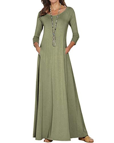 Image of Kvruhuiy Baggy Long Fall Winter Dresses for Women Crew Neck Casual 3/4 Sleeve Maxidress Green L