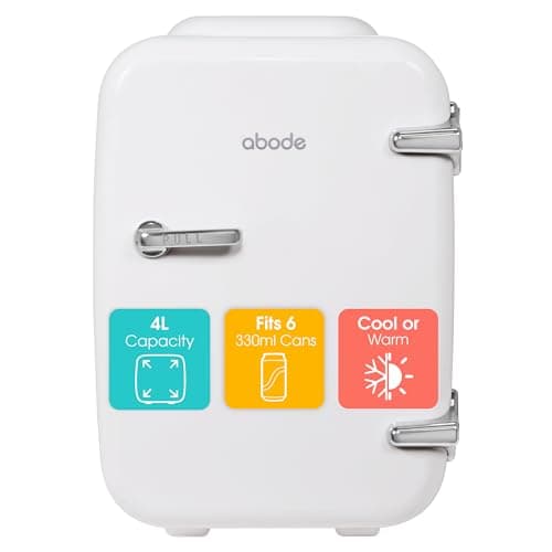 Image of Abode White Mini Fridge A4CLR201W 4L/6 Can Portable Thermoelectric Mini Cooler & Warmer for Drinks, Cosmetics/Makeup/Skincare, AC/DC Power, Retro Style, For Bedroom, Home, Caravan, Car