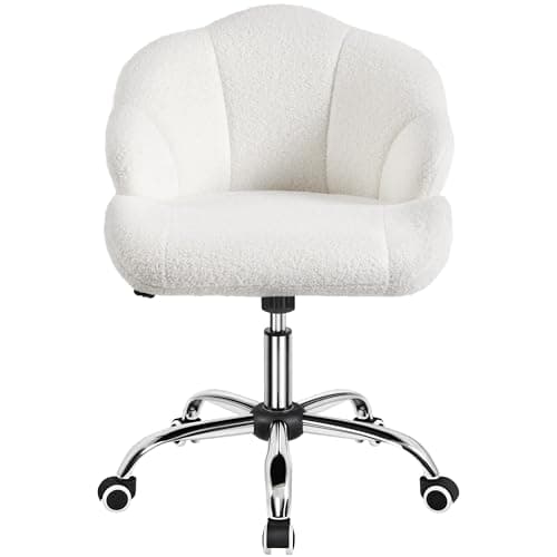 Image of Yaheetech Modern Teddy Boucle Desk Chair with Tilt/Adjustable Function Cute Swivel Vanity Chairs Upholstered Armless Desk with Shell Back for Home Office Bedroom Snowy