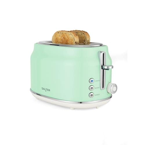 Image of Salter Retro Green 2-Slice Toaster - Wide Slots, 6 Browning Levels, Defrost, Reheat & Cancel, High-Lift Eject, Removable Crumb Tray, Self-Centring, Anti-Jam Function, For Bagels, Vintage Design, 815W