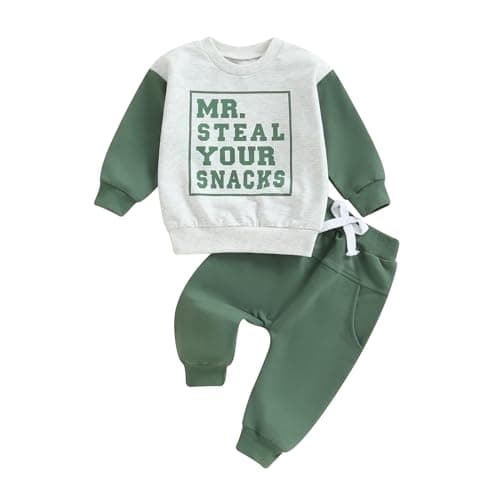 Image of Carolilly Toddler Baby Boys Outfits T-Shirt Long Sleeve Letter Print Sweatshirts Pullover + Pocket Pants Set 2PCs Contrast Color Outfits Tracksuit Boys Clothing Sets (Green, 12-18 Months)