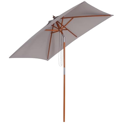 Image of Outsunny 2m x 1.5m Garden Parasol Umbrella with Tilting Sunshade Canopy, Outdoor Market Table Umbrella with Wood and Bamboo Frame, Grey