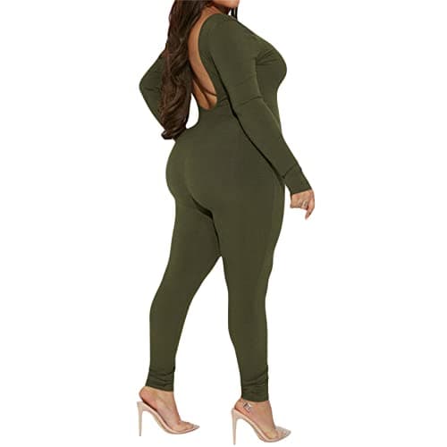 Image of Aunaeyw Women's Sexy Backless Jumpsuit UK Ribbed Knit Seamless Jumpsuits Bodycon Long Sleeve One Piece Yoga Workout Unitard Playsuit Full Body Suit