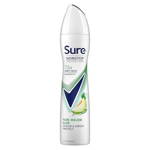 Image of Sure Women Nonstop Protection Pure Melon Aloe Deodorant Body Spray Antiperspirant with body heat activated technology for 72 hour odour and sweat protection 250 ml, Pack of 6