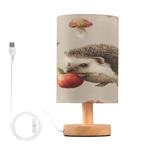 Image of Cgiub Cute Hedgehog Bedside Table Lamp for Bedroom LED Nightstand Lamp Desk Reading Light with Fabric Shade Wood Base & USB Port for Office Living Room Nursery Decor