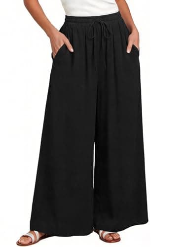 Image of ZANZEA Women's Wide Leg Trousers High Waisted Flowy Palazzo Pants with Pockets Summer Casual Lounge Boho Beach Trousers Black M