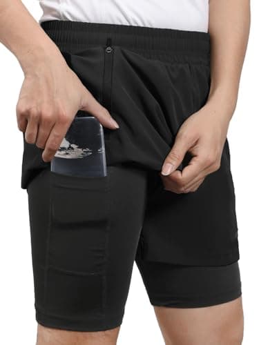 Image of ARSUXEO Running Shorts Mens 2 in 1 Shorts Gym Shorts B191 with 2 Zipper and 1 Phone Pockets B1911 Black M