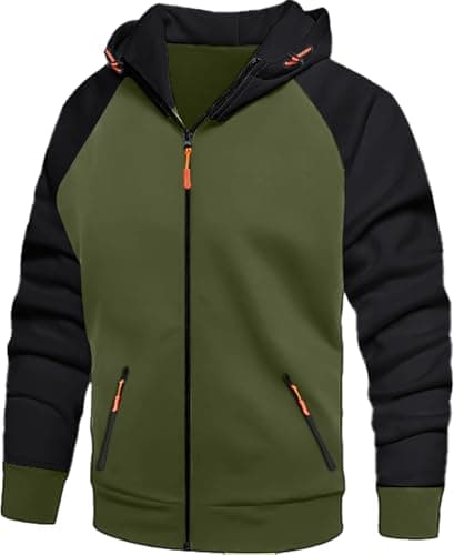 Image of CTU Mens Hoodies Zip Up Fleece Hoodie Patchwork Hooded Jacket Sweatshirt Pullover Hoody With Zip Pockets Green L
